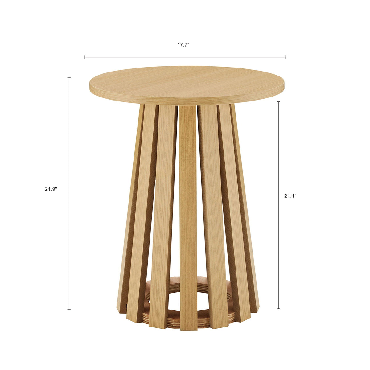 Layla end table round wood grain top with a multi-slat pedestal base in light brown on Tampa Home & Garden Store
