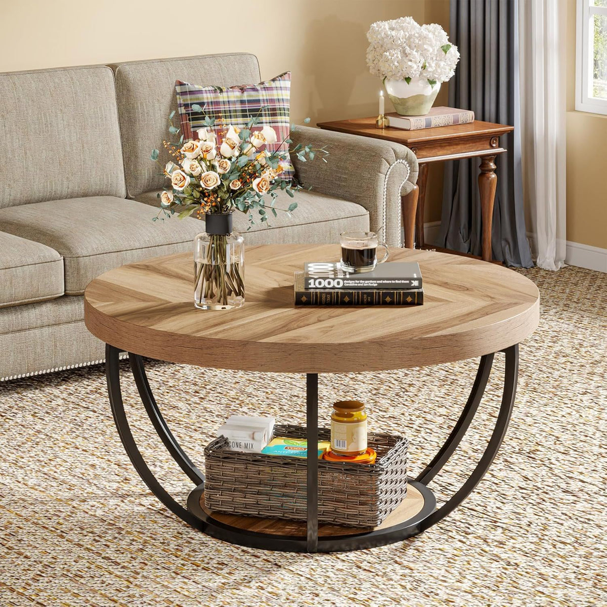 2-Tier Circle Coffee Table with Storage Shelves light brown wood top black metal legs on Tampa Home & Garden Store