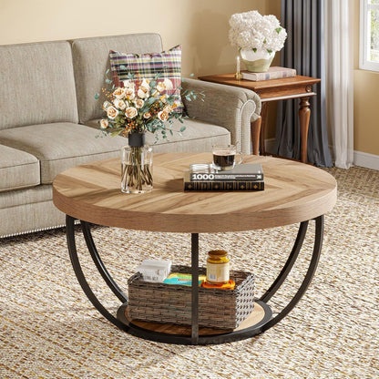 2-Tier Circle Coffee Table with Storage Shelves light brown wood top black metal legs on Tampa Home & Garden Store