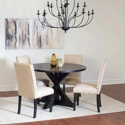 Mytzi 5 Piece Dining Set with black cross-buck pedestal table and four beige upholstered chairs on Tampa Home & Garden Store