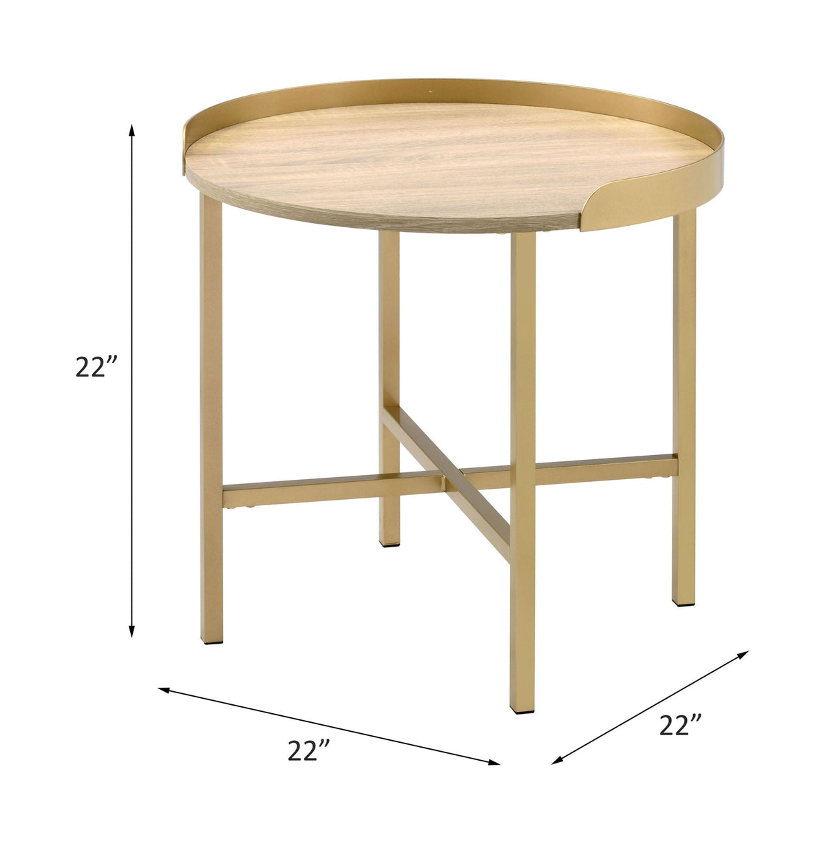 Oak round end table with gold cross-bar metal base, 22in top, HouseOfZazla on Tampa Home & Garden Store
