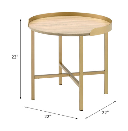 Oak round end table with gold cross-bar metal base, 22in top, HouseOfZazla on Tampa Home & Garden Store