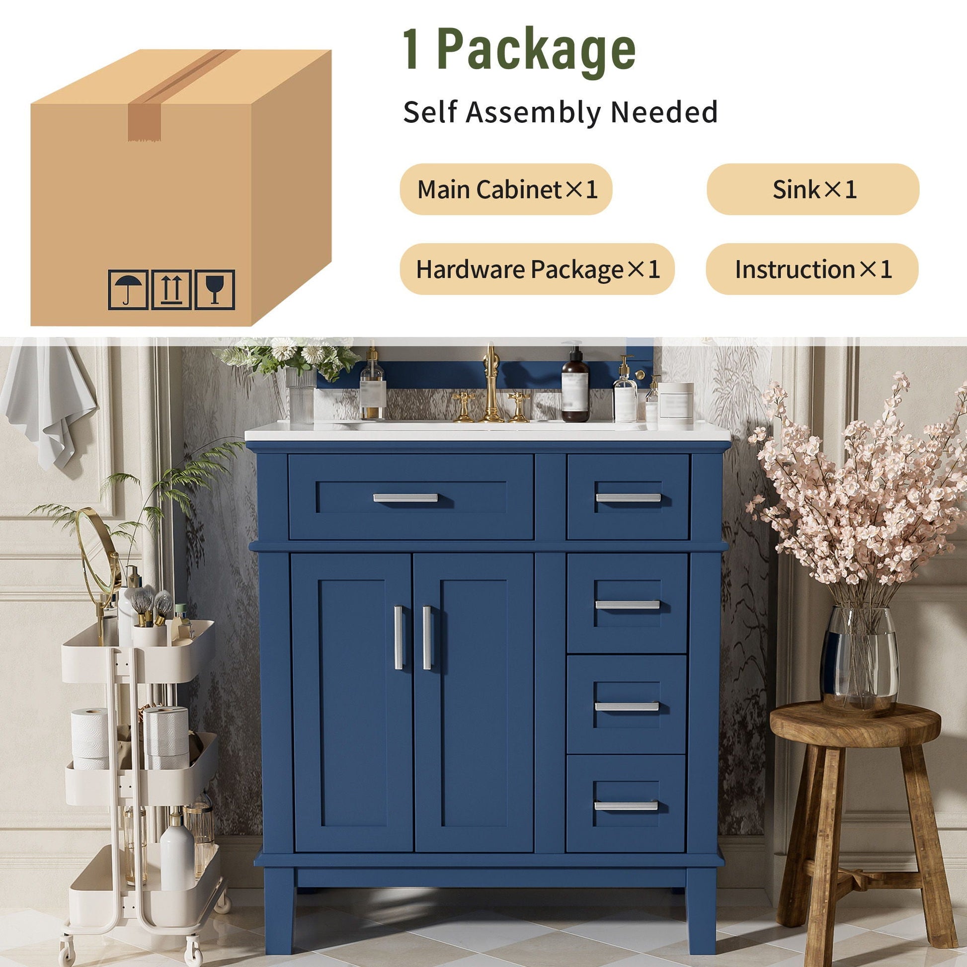 Modern bathroom vanity with sink deep blue cabinet with storage drawers on Tampa Home & Garden Store