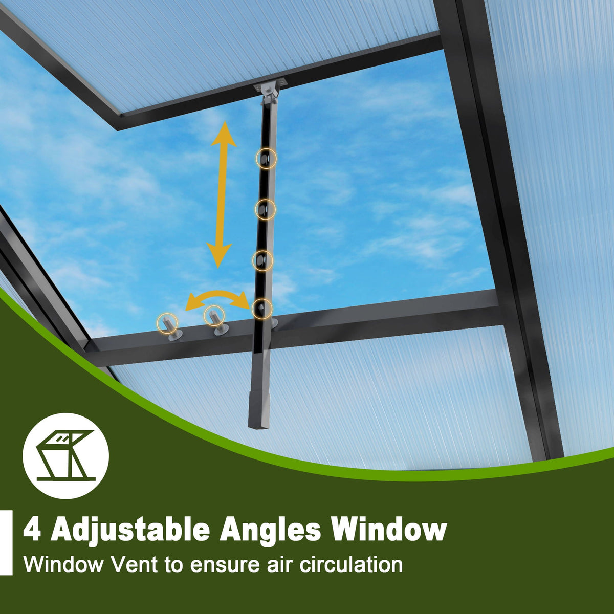 Black greenhouse window vent with raised base and polycarbonate panels; 4 adjustable angles on Tampa Home & Garden Store