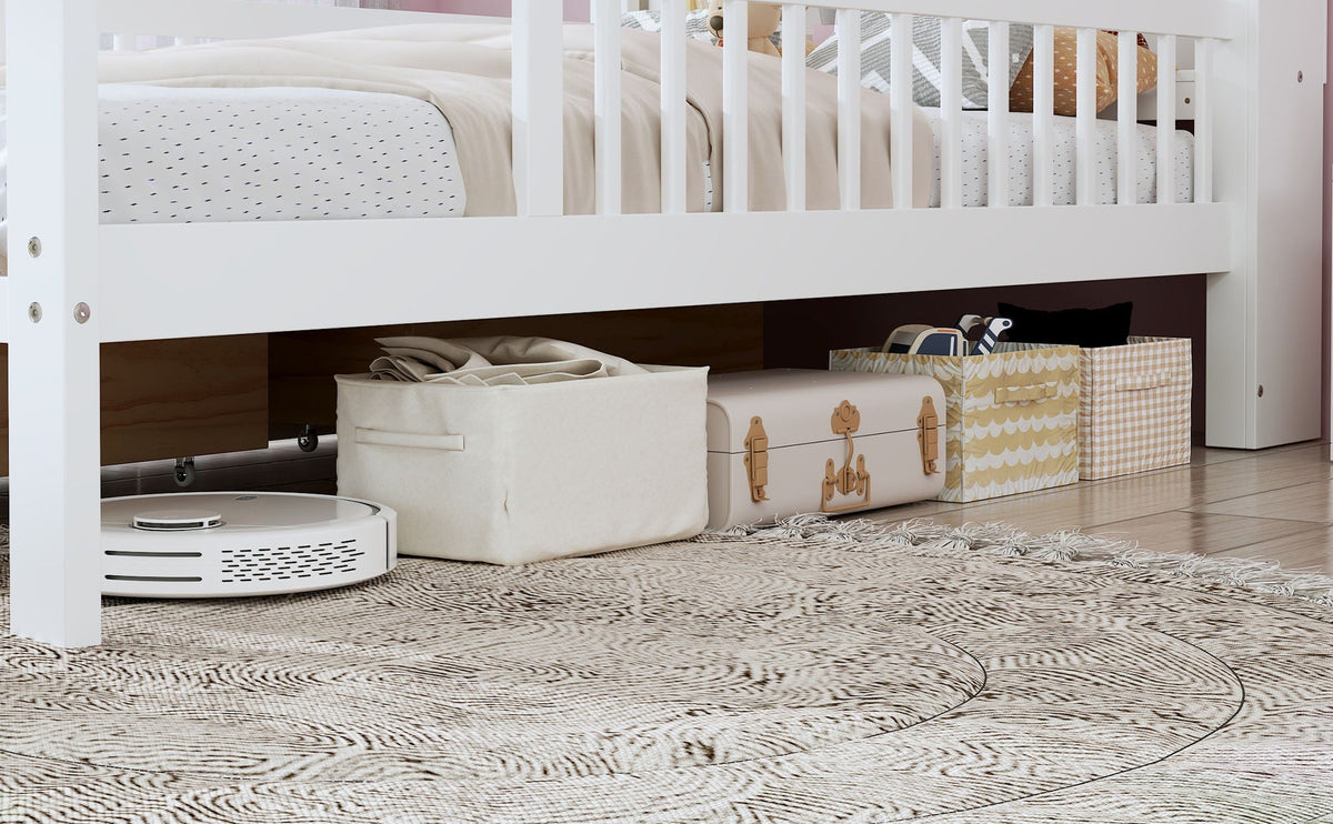 White bed with headboard storage rack, 2 under-bed drawers and 3 side guardrails, HouseOfZazla on Tampa Home & Garden Store