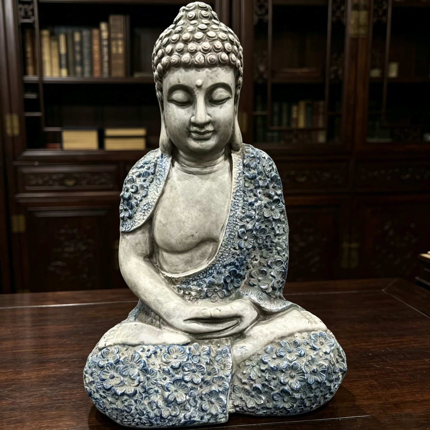16'' Weatherproof resin Buddha garden statue with blue floral robe in gray finish on Tampa Home & Garden Store