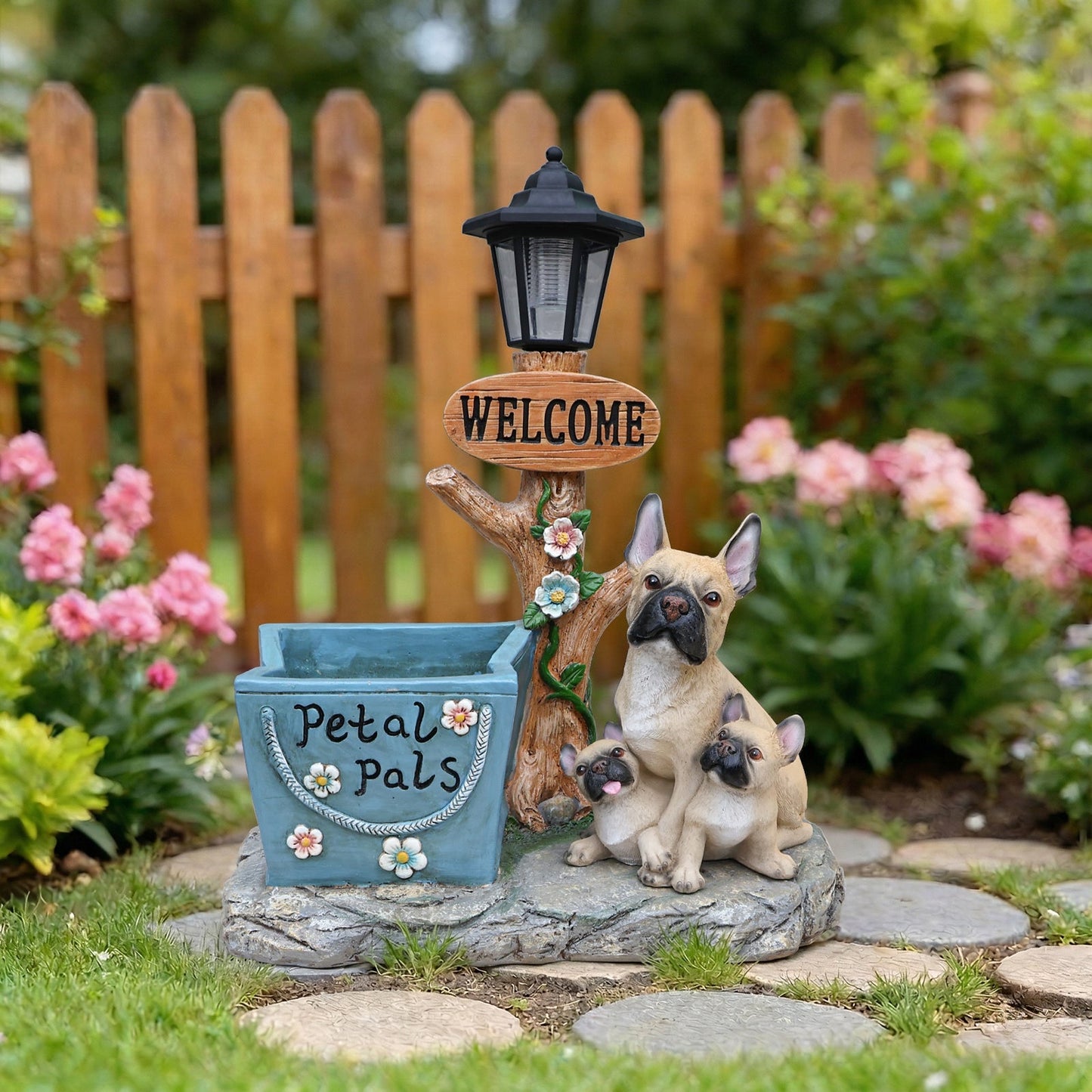 French Bulldog Family Planter Statue by HouseOfZazla with a lantern and welcome sign on Tampa Home & Garden Store