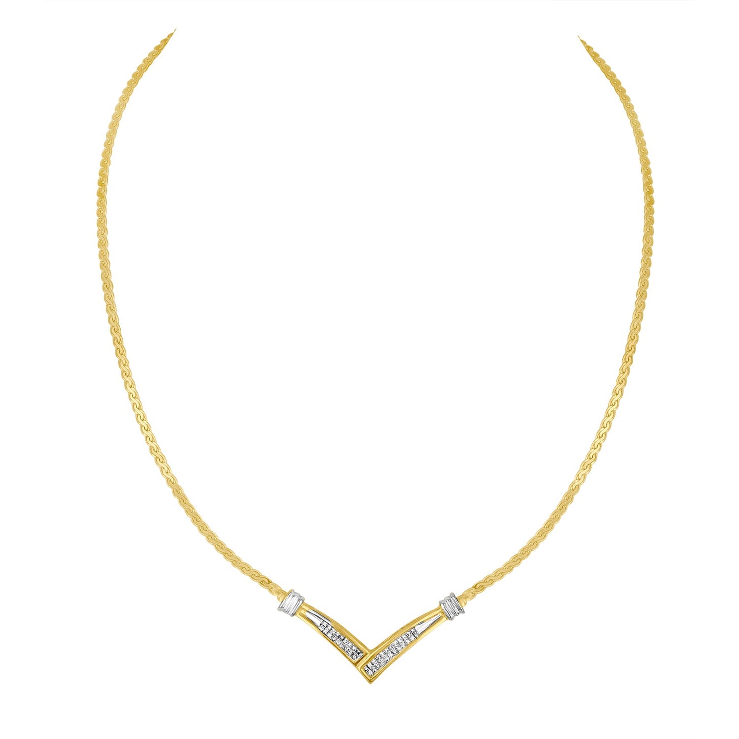 10K yellow and white gold V-shaped 1/2 Cttw princess-cut diamonds channel-set necklace on Tampa Home & Garden Store