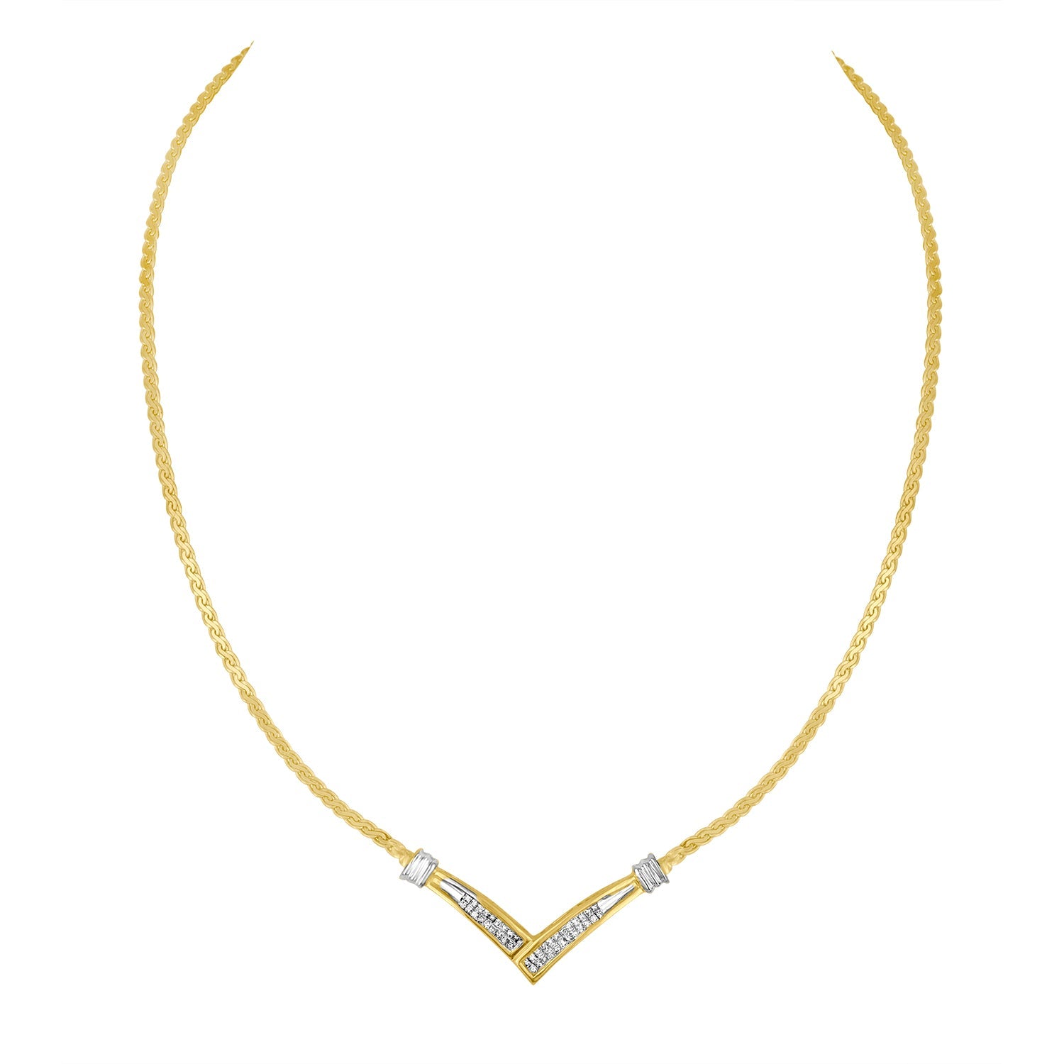 10K yellow and white gold V-shaped 1/2 Cttw princess-cut diamonds channel-set necklace on Tampa Home & Garden Store