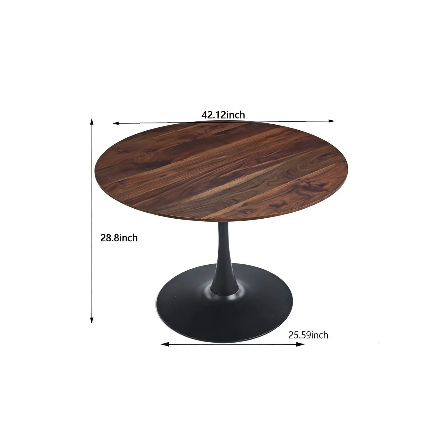 Mid-Century Tulip Round Dining Table with wood top, dark wood grain, black pedestal base on Tampa Home & Garden Store