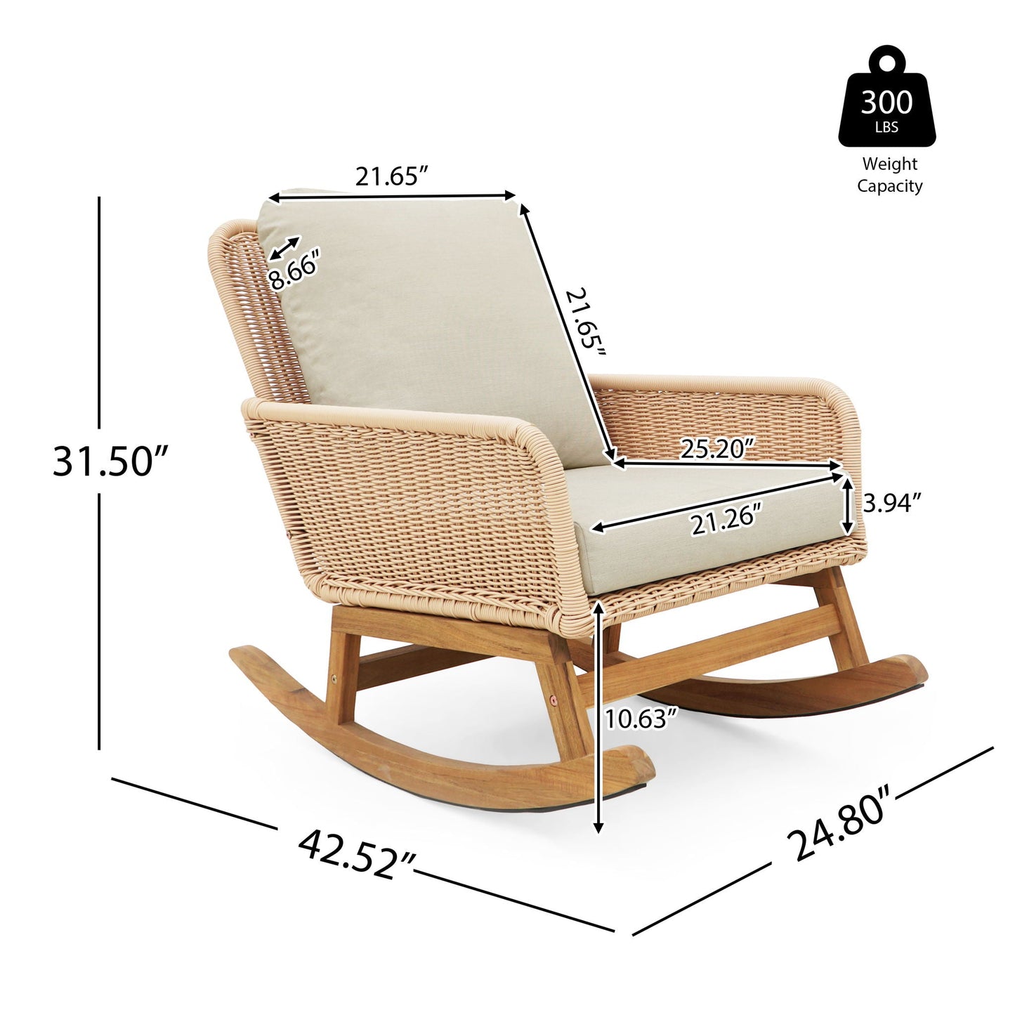HouseOfZazla Wicker Rocking Chair with Beige Cushions, natural wicker, 300 lb capacity on Tampa Home & Garden Store