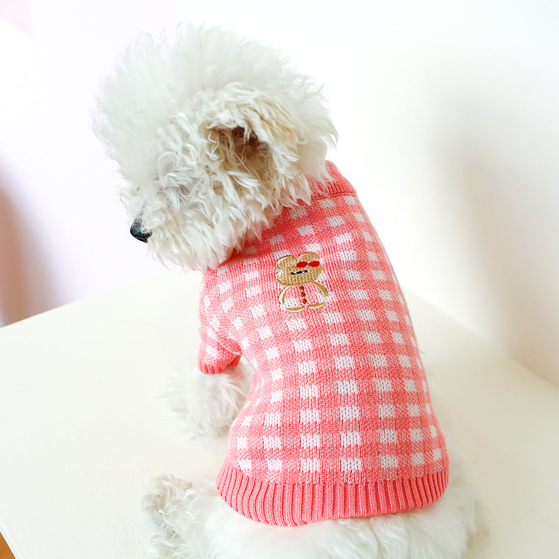 Bowknot dog sweater by Pet Zen, pink gingham knit with teddy bear embroidery on Tampa Home & Garden Store