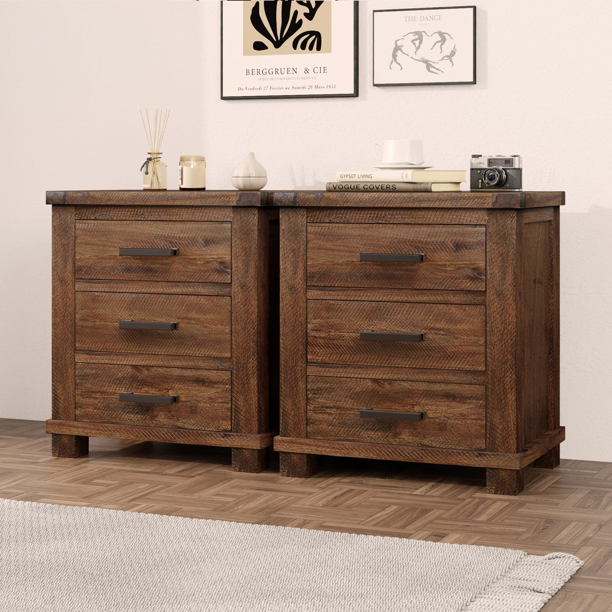 Rustic three-drawer reclaimed solid wood nightstands, set of two, dark metal handles on Tampa Home & Garden Store