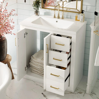 Bathroom vanity with sink by Unique Piece Furniture, white cabinet with 3 drawers and soft-close doors, gold handles on Tampa Home & Garden Store