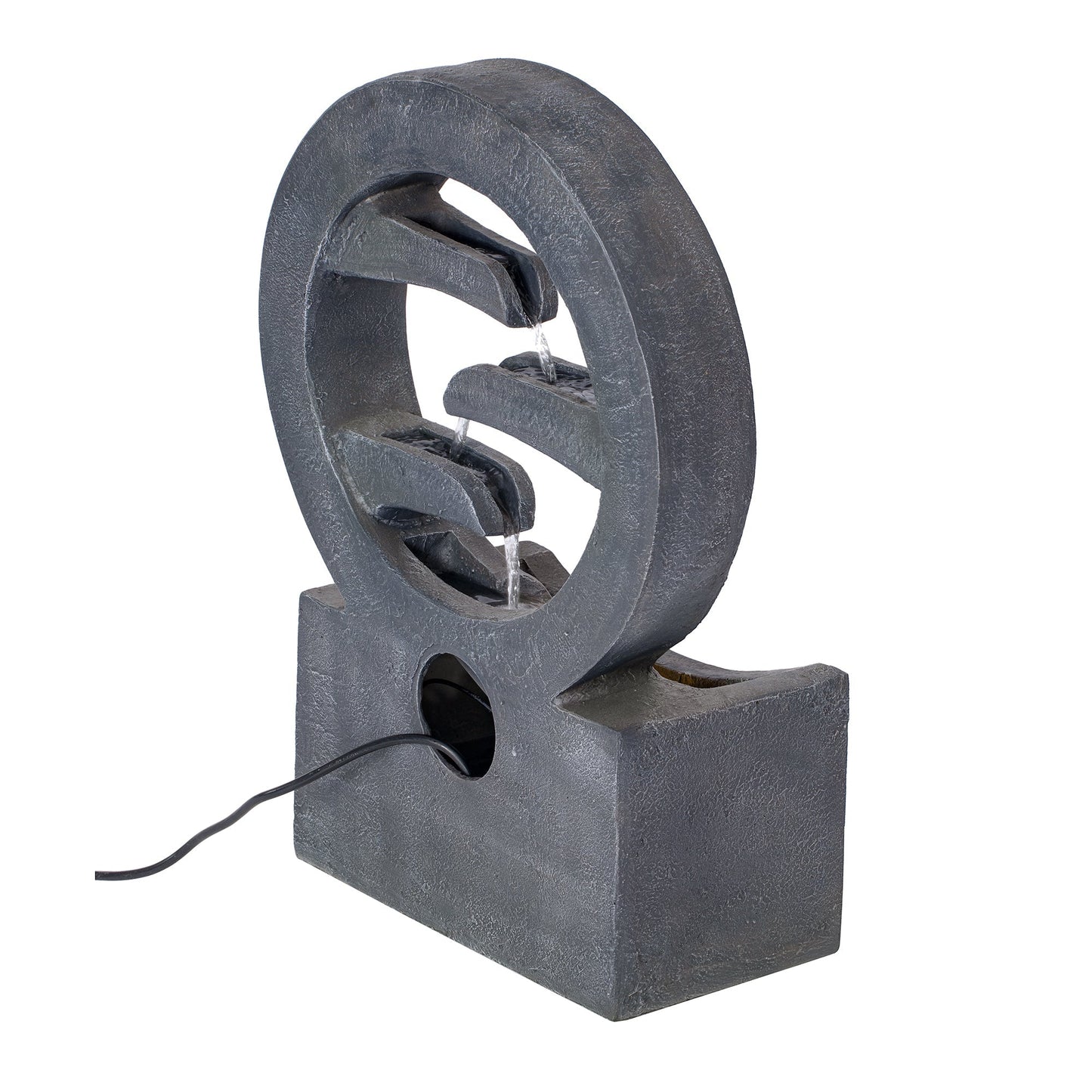 Gray circular polyresin outdoor water fountain with LED light, cascading rings design on Tampa Home & Garden Store
