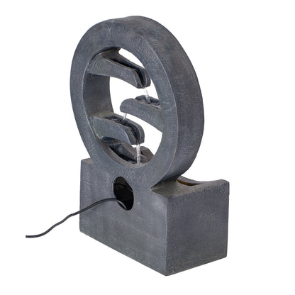 Gray circular polyresin outdoor water fountain with LED light, cascading rings design on Tampa Home & Garden Store