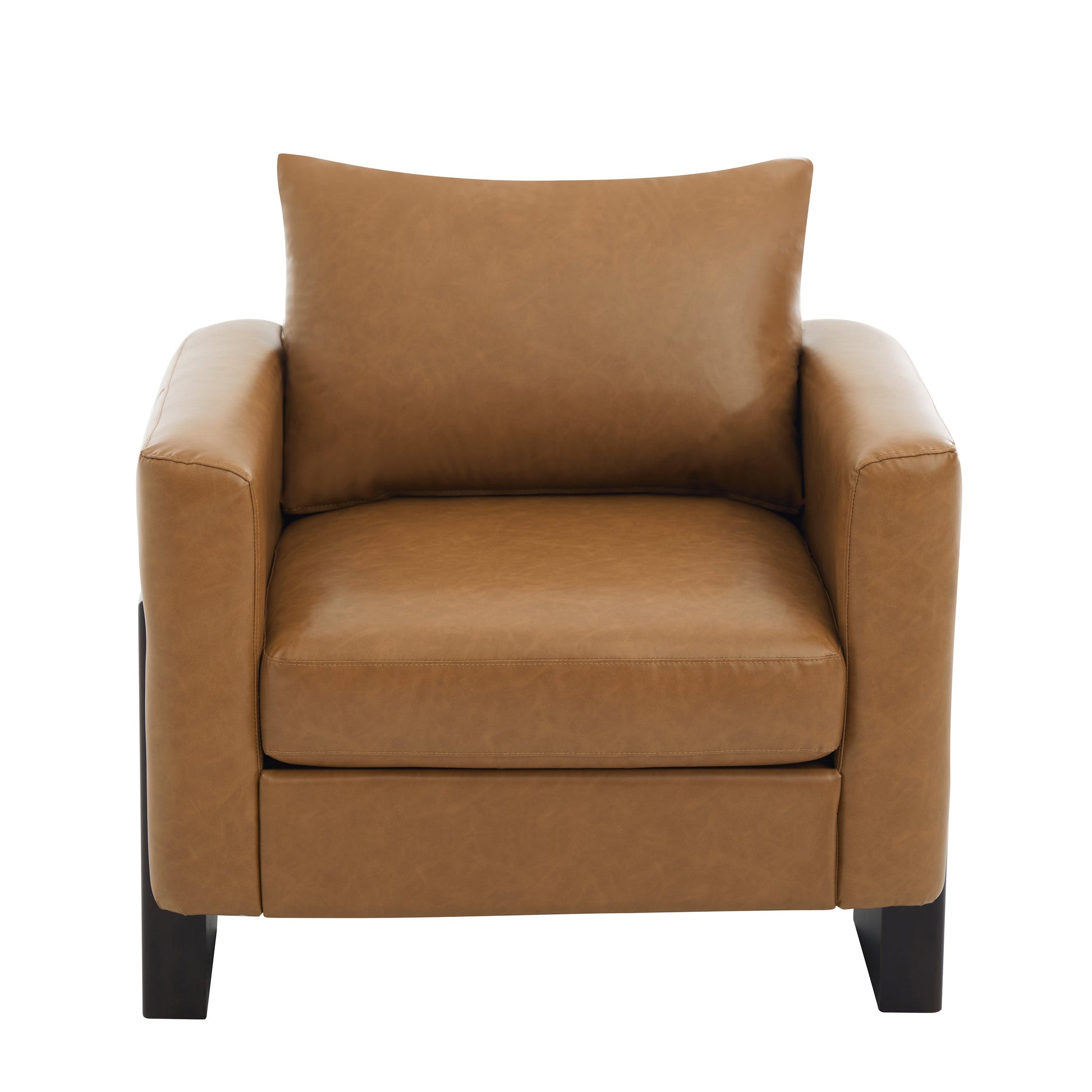 Modern Accent Chair tan leather with rubberwood legs by HouseOfZazla, close-up of backrest and armrests on Tampa Home & Garden Store