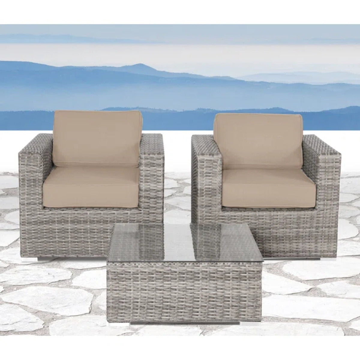 3-piece wicker outdoor seating set with beige cushions and glass-top table by HouseOfZazla on Tampa Home & Garden Store
