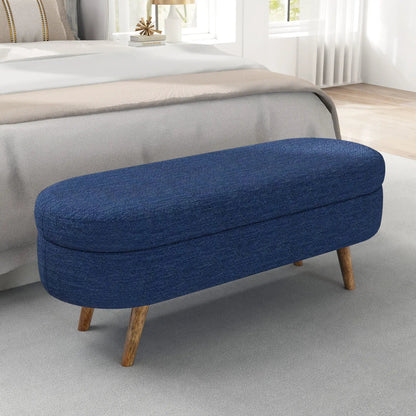 Ottoman oval storage bench, blue fabric with rubber wood legs on Tampa Home & Garden Store