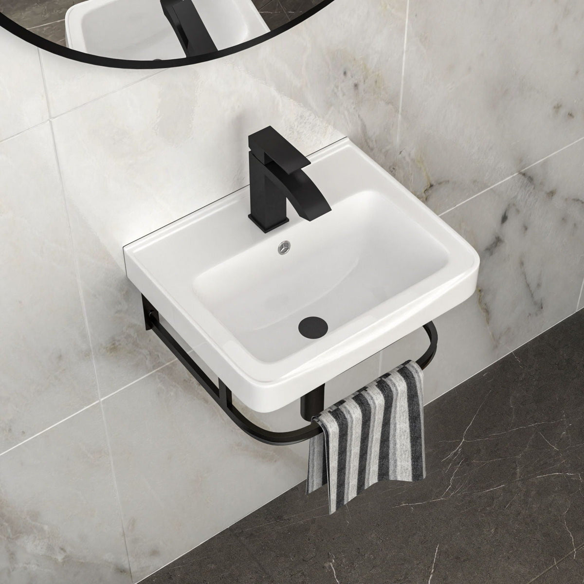 Wall mounted bathroom sink with black matte faucet, white basin, towel bar and overflow on Tampa Home & Garden Store