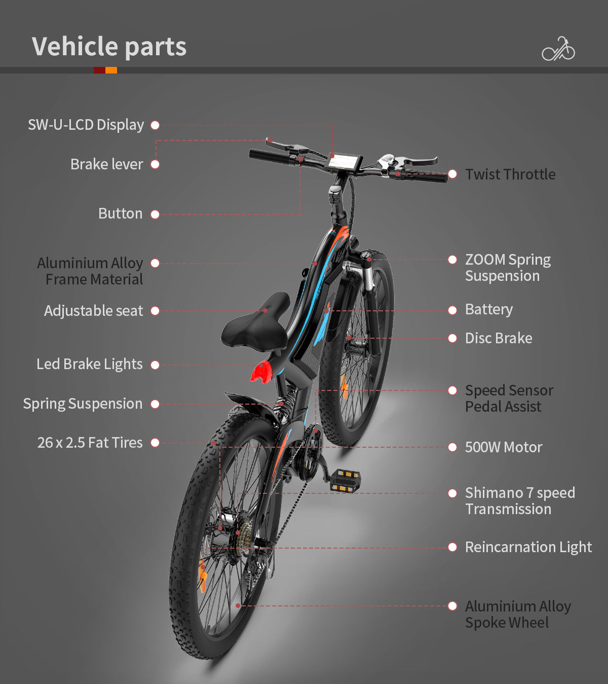 Electric fat-tire bike, 26-inch wheels, 500W rear motor, front suspension, UpTrend Deals on Tampa Home & Garden Store
