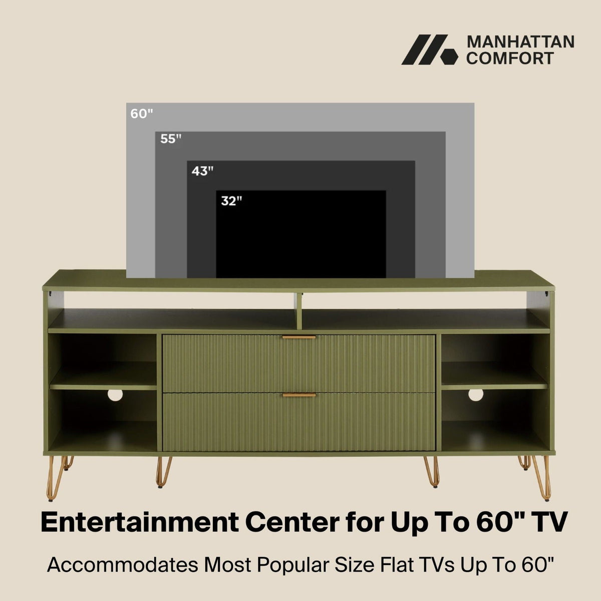 Fluted TV Stand with Storage green, metal legs; fits up to 60in TVs Manhattan Comfort on Tampa Home & Garden Store