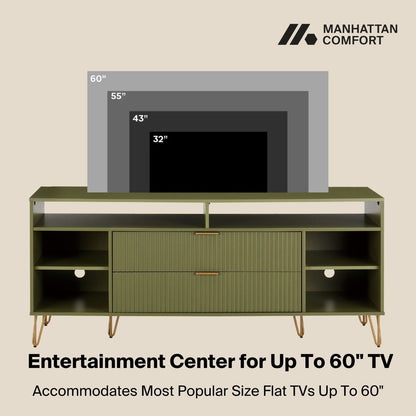 Fluted TV Stand with Storage green, metal legs; fits up to 60in TVs Manhattan Comfort on Tampa Home & Garden Store