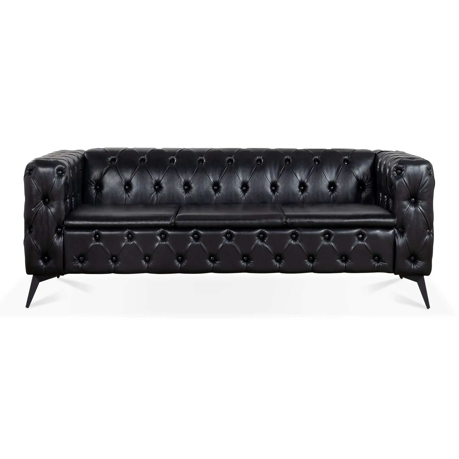 Square Arm Removable Cushion 3 Seater Sofa in black leather with tufting and angled legs on Tampa Home & Garden Store