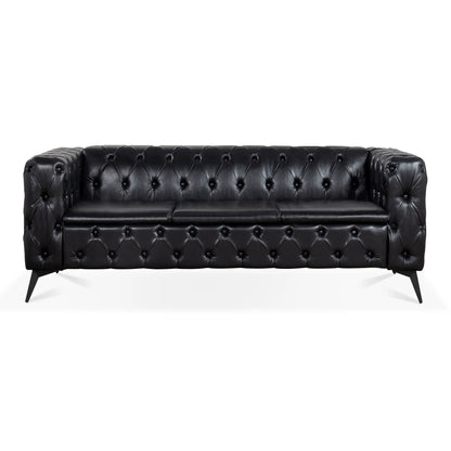 Square Arm Removable Cushion 3 Seater Sofa in black leather with tufting and angled legs on Tampa Home & Garden Store