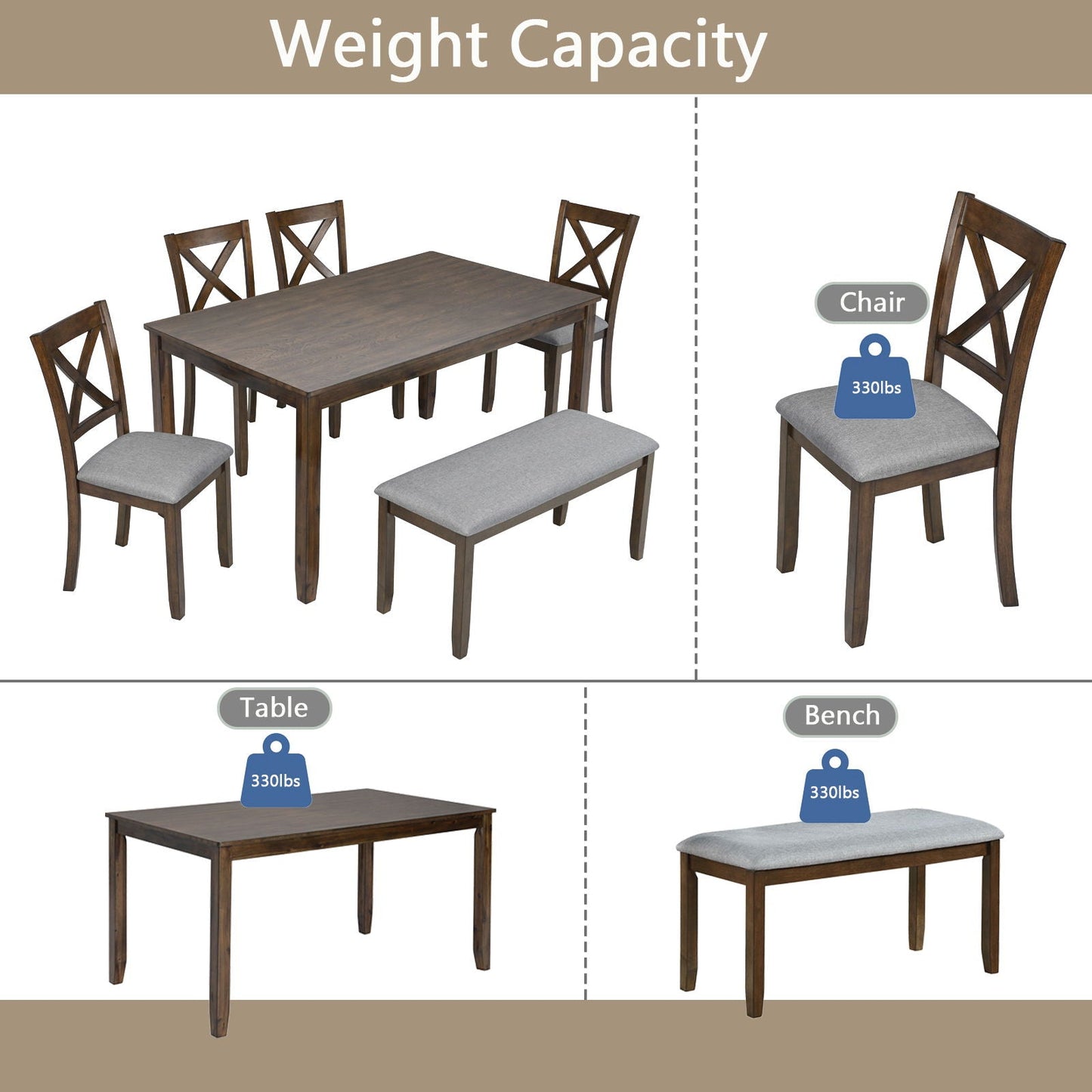 Six Piece Dining Set With A Bench And Four Chairs