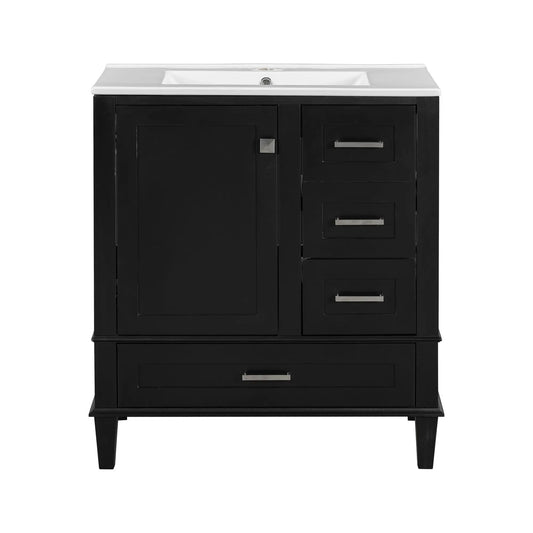 Bathroom vanity with white sink on black wood cabinet, two doors and stacked drawers on Tampa Home & Garden Store