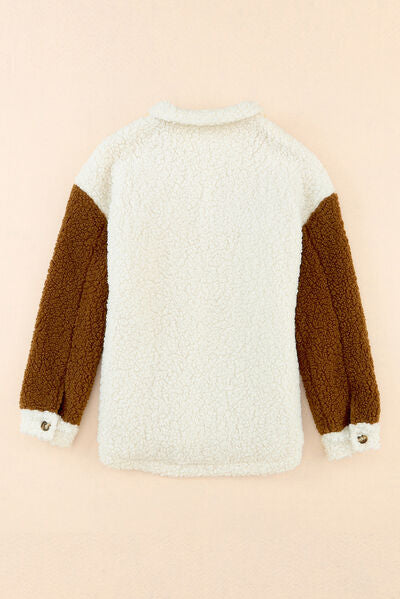 Stevvex women's sherpa jacket white body brown sleeves collared with button closure on Tampa Home & Garden Store