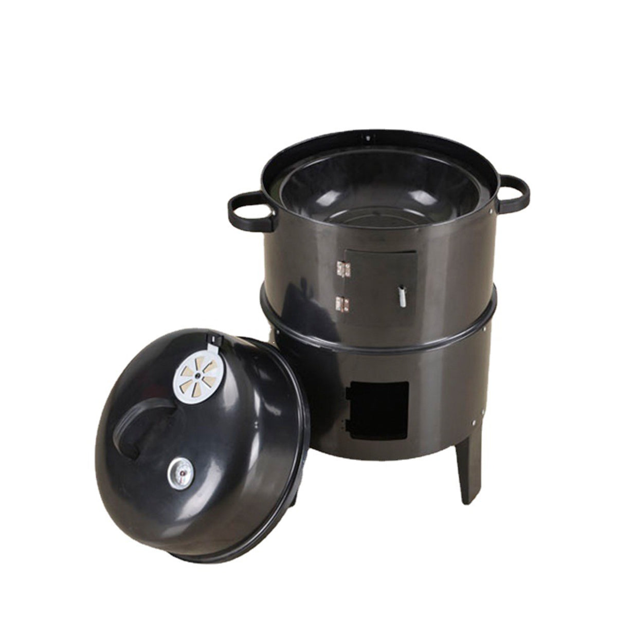 Outdoor double-layer charcoal grill smoker stove black steel drum with side handles on Tampa Home & Garden Store