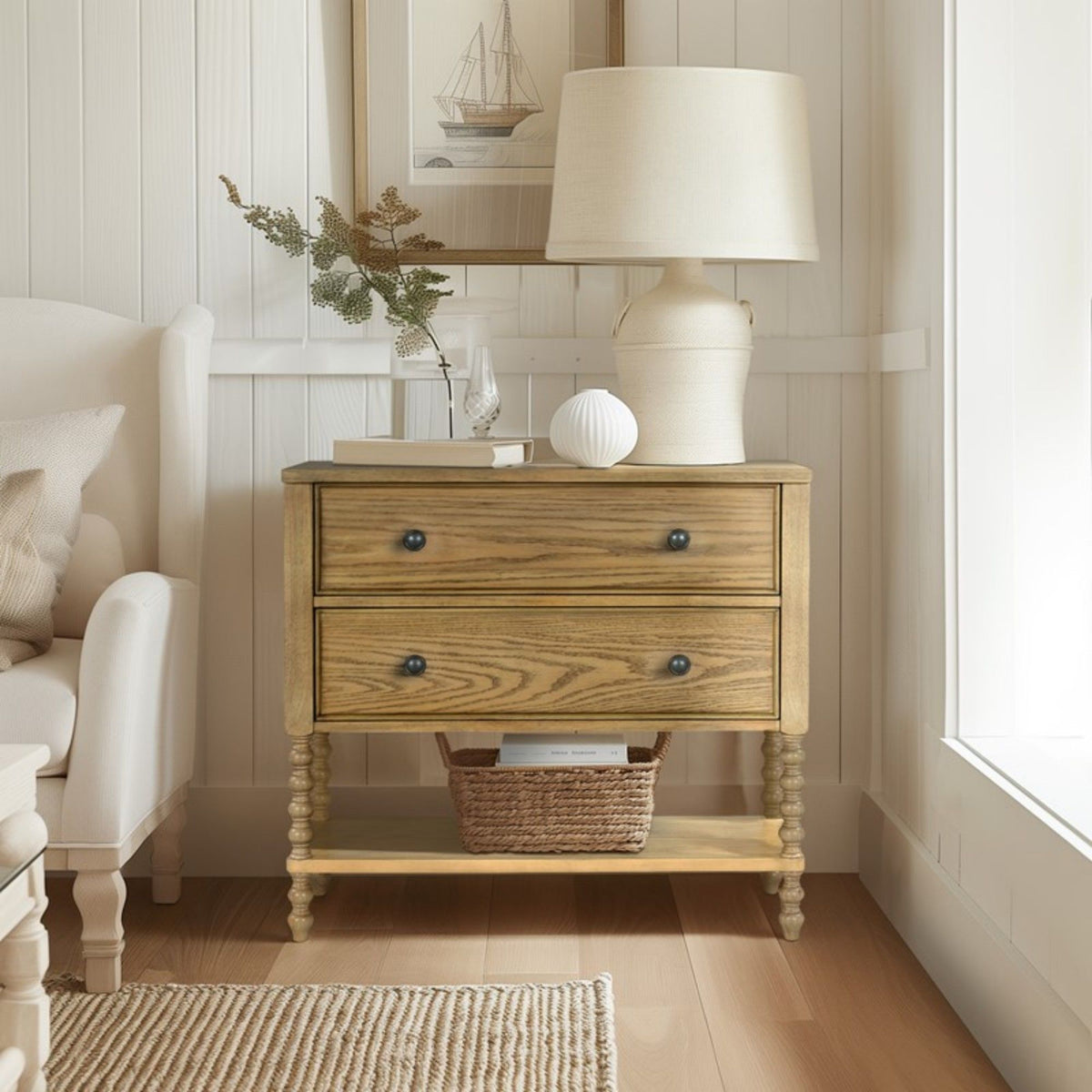 2 Drawer Accent Chest natural wood finish with black knobs, turned legs, lower shelf basket on Tampa Home & Garden Store