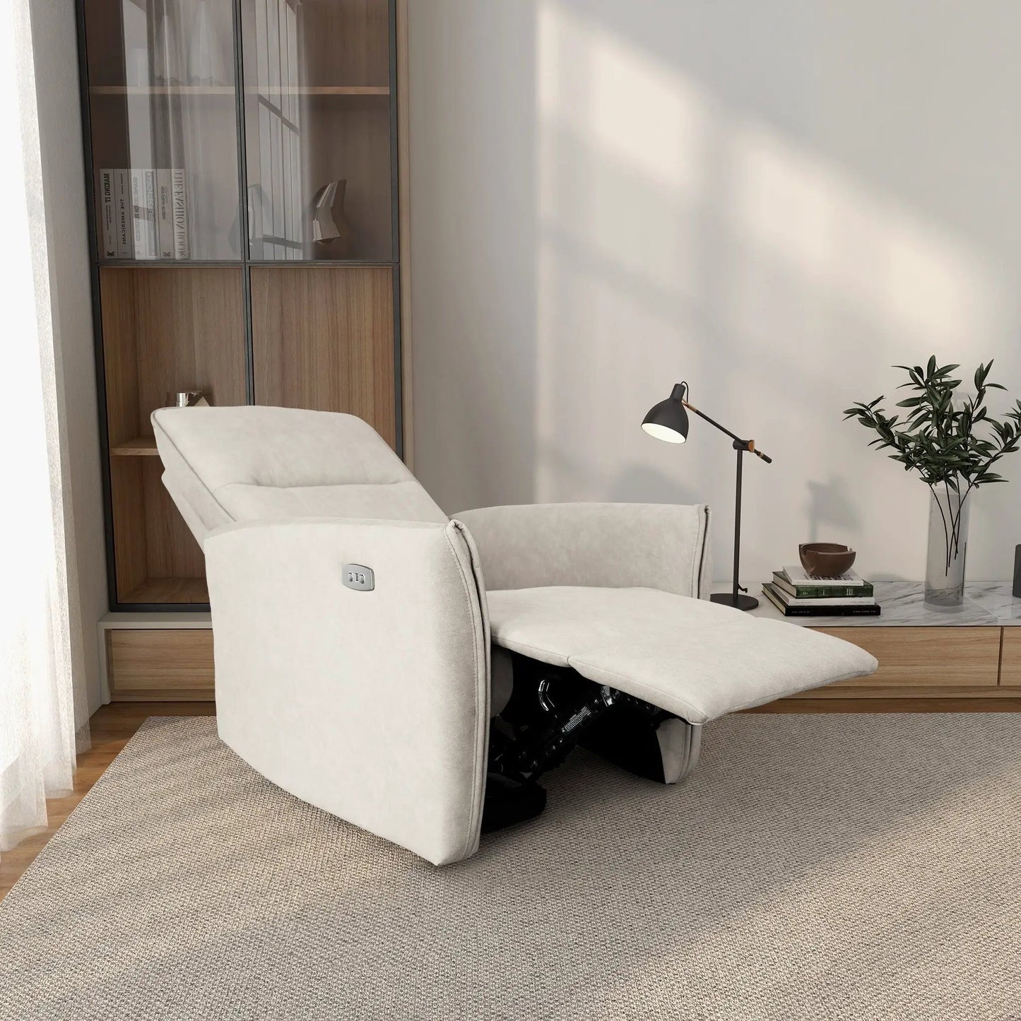Asheville - Suede Recliner Chair in light beige fabric, modern living room with wood shelving on Tampa Home & Garden Store