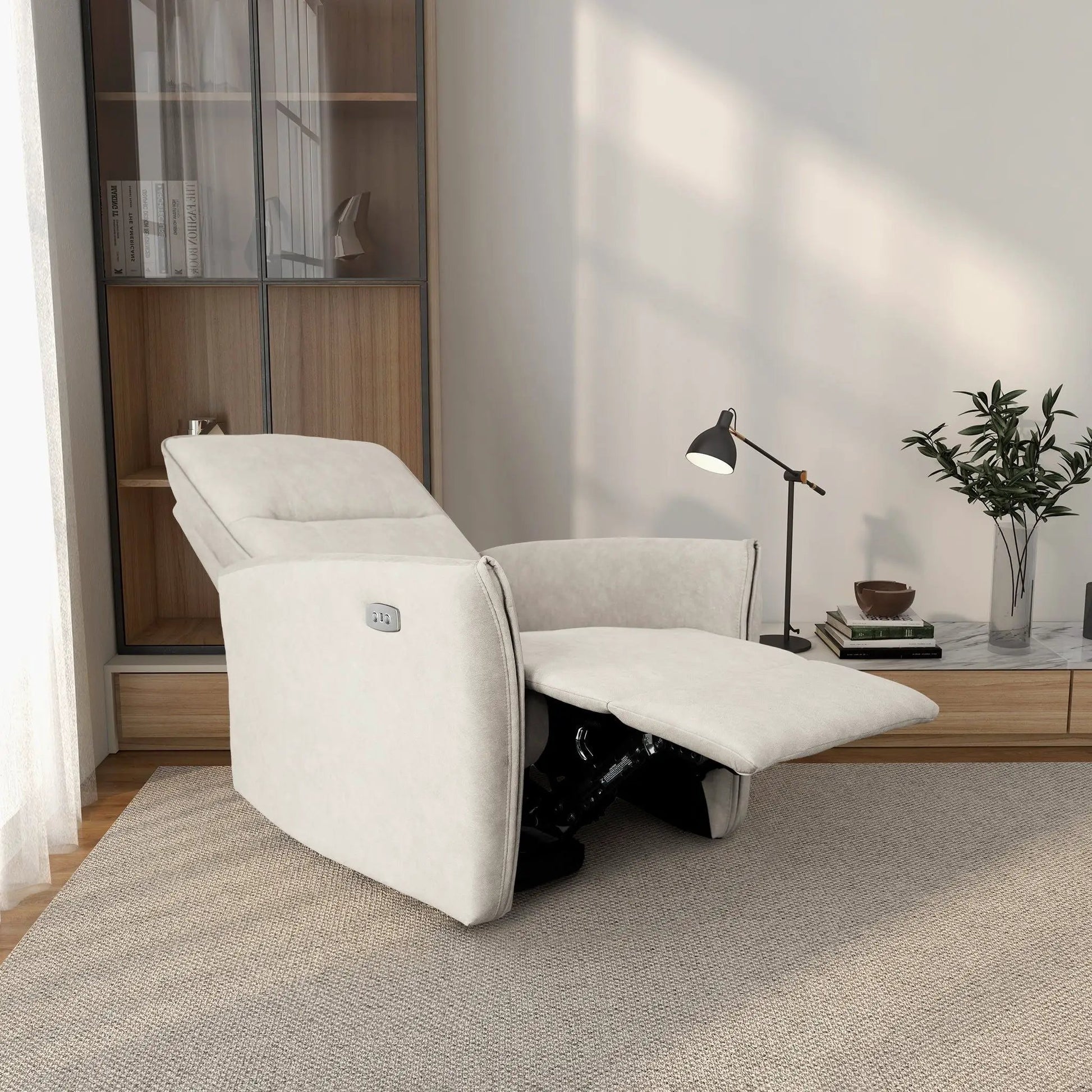 Asheville - Suede Recliner Chair in light beige fabric, modern living room with wood shelving on Tampa Home & Garden Store