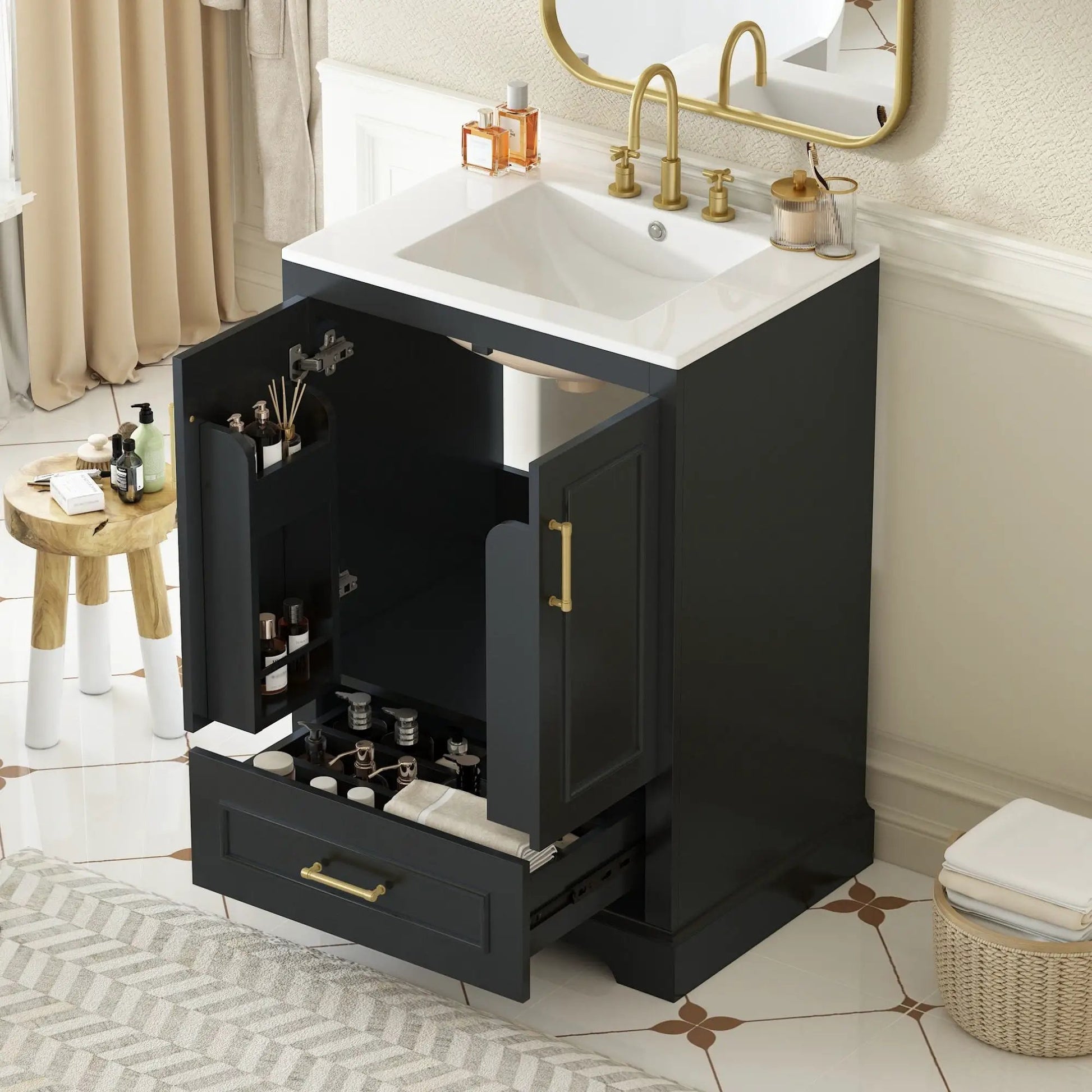 Bathroom vanity with sink, black cabinet, white top, 1 divided drawer and 2 soft-close doors on Tampa Home & Garden Store