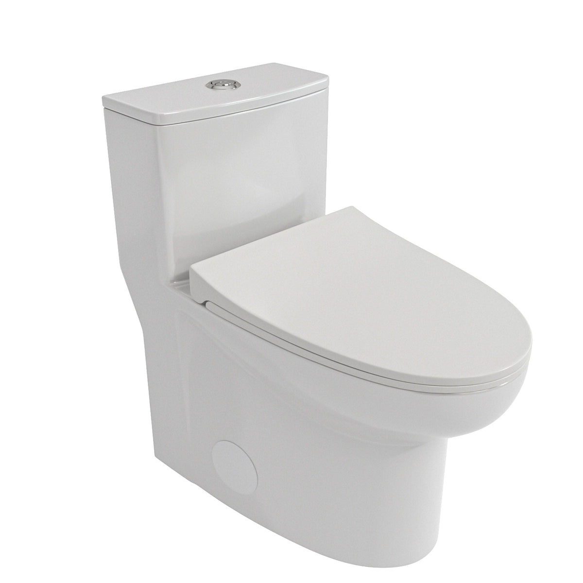 Modern 1-Piece toilet with dual flush, white finish, top chrome button, soft-close seat on Tampa Home & Garden Store
