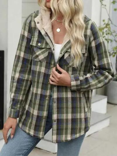 Plaid Snap Down Plush Hooded Jacket Women Warm