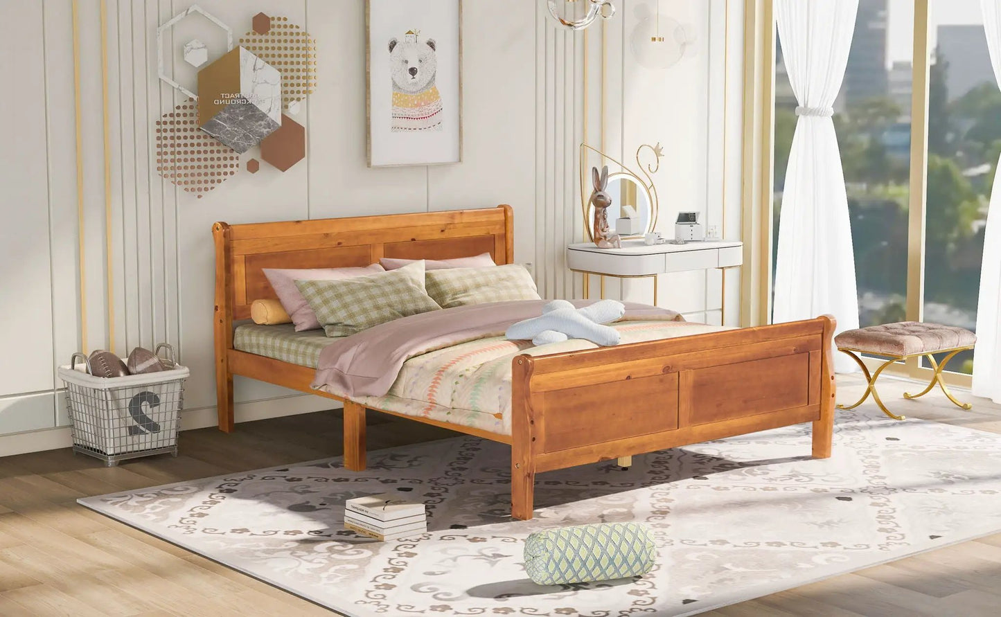Platform bed frame with headboard and footboard in warm wood finish with slat support on Tampa Home & Garden Store