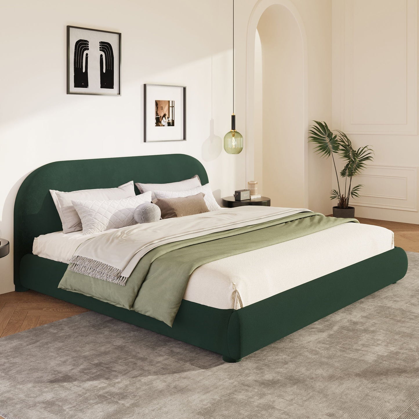 Upholstered simple modern bedroom bed with curved green headboard and white bedding on Tampa Home & Garden Store