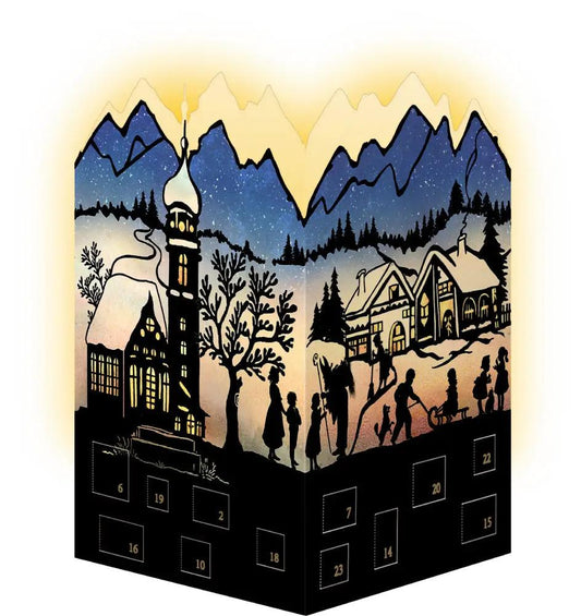 Winter Village Lantern Advent greeting card with envelope featuring snow village and glow on Tampa Home & Garden Store