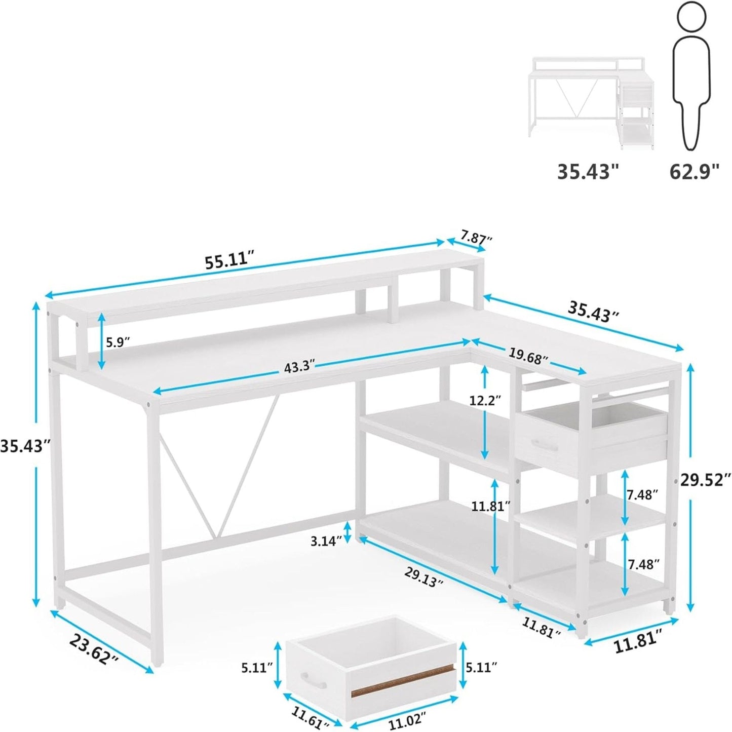 White L-shaped corner desk with monitor riser, shelves, and a drawer unit, HouseOfZazla on Tampa Home & Garden Store