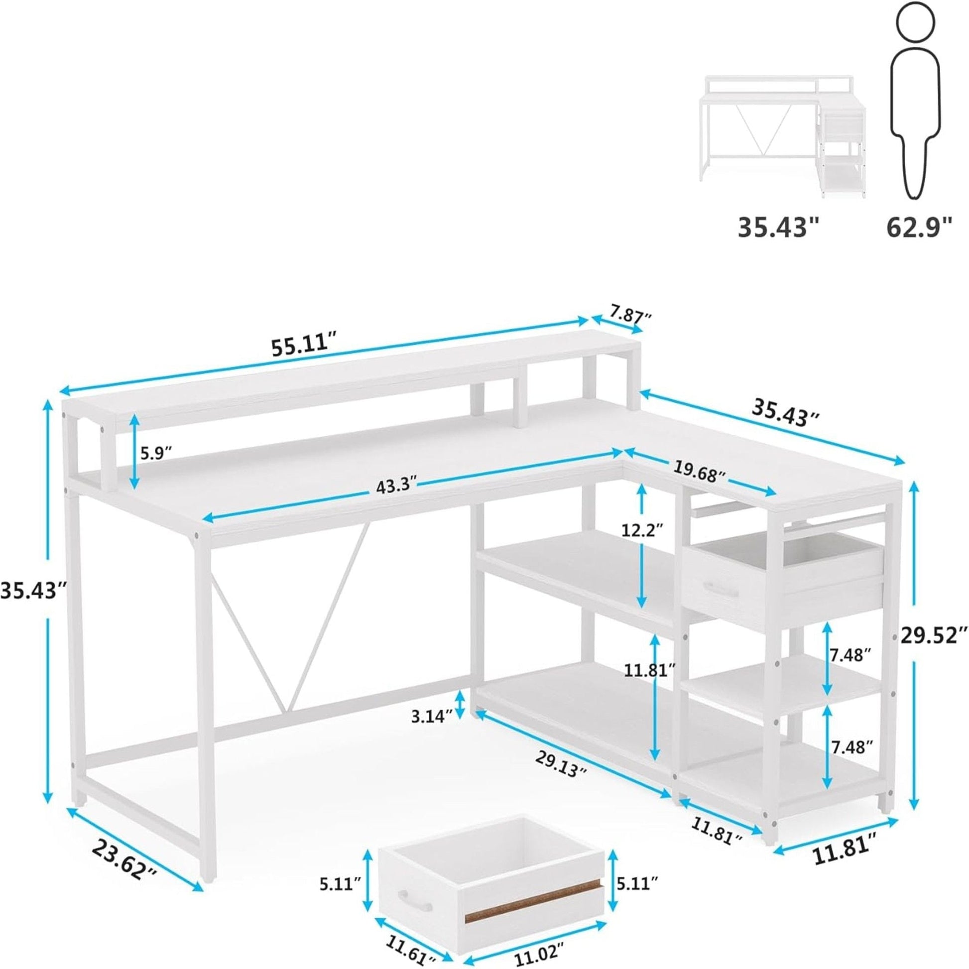 White L-shaped corner desk with monitor riser, shelves, and a drawer unit, HouseOfZazla on Tampa Home & Garden Store