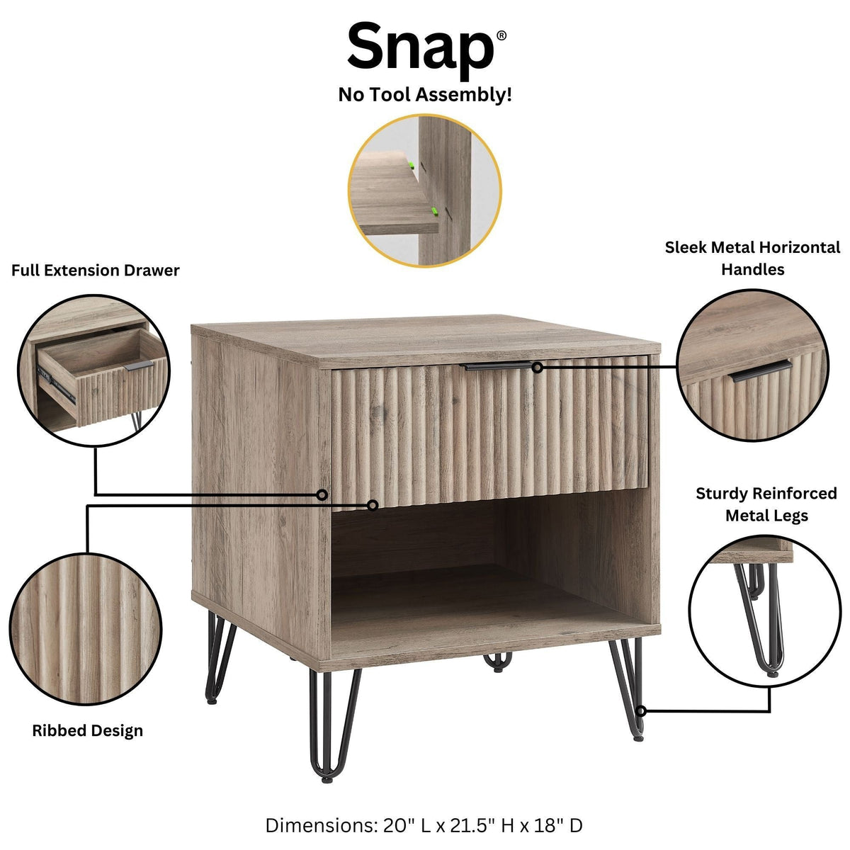 Modern Nightstand HouseOfZazla ribbed wood finish, fluted drawer, metal handles on Tampa Home & Garden Store