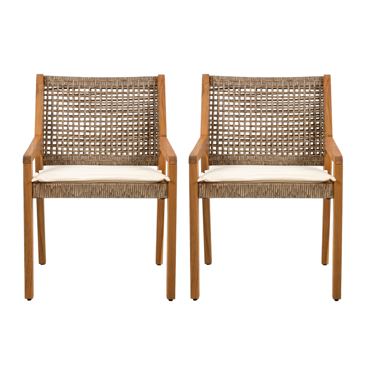 Outdoor dining chairs pair acacia wood frames woven wicker backs cushions HouseOfZazla on Tampa Home & Garden Store
