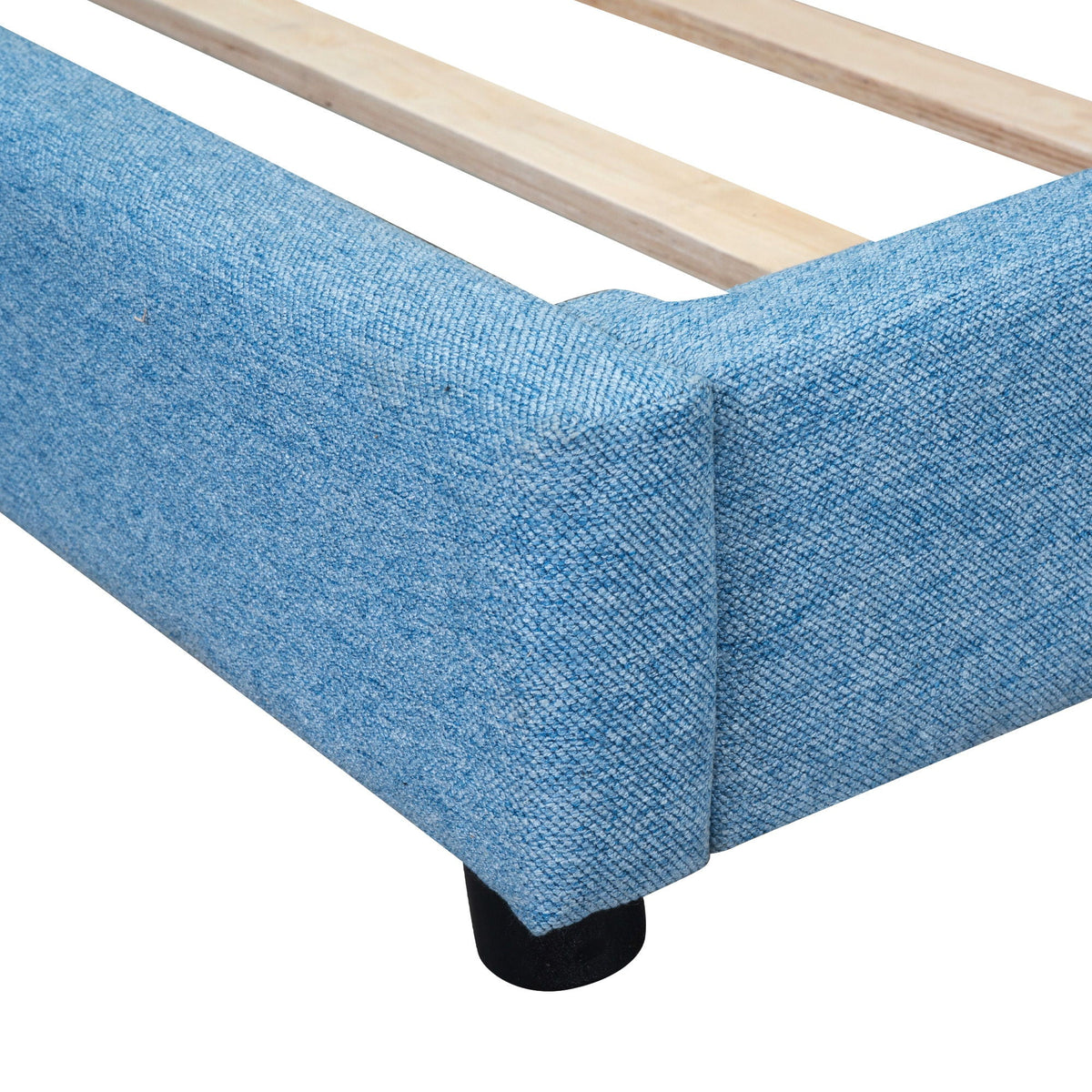 Modern upholstered platform bed in blue fabric with wood slat frame HouseOfZazla on Tampa Home & Garden Store