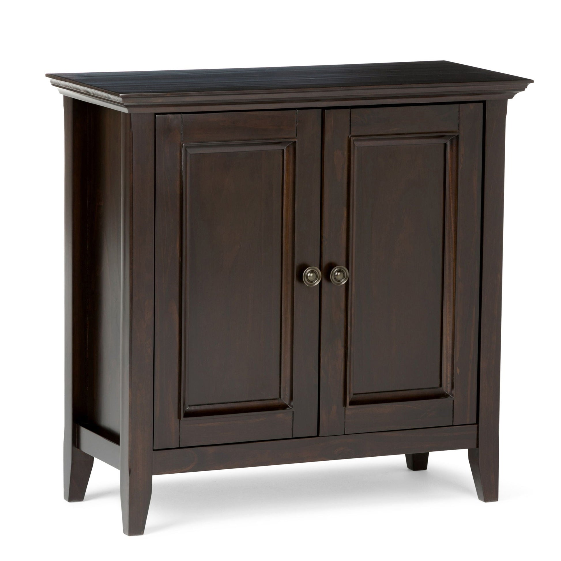 Amherst Handcrafted Low Storage Cabinet in dark espresso finish with doors and metal knobs on Tampa Home & Garden Store