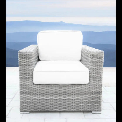 White wicker armchair with plush cushions, 3 Piece Outdoor Set from Unique Piece Furniture on Tampa Home & Garden Store