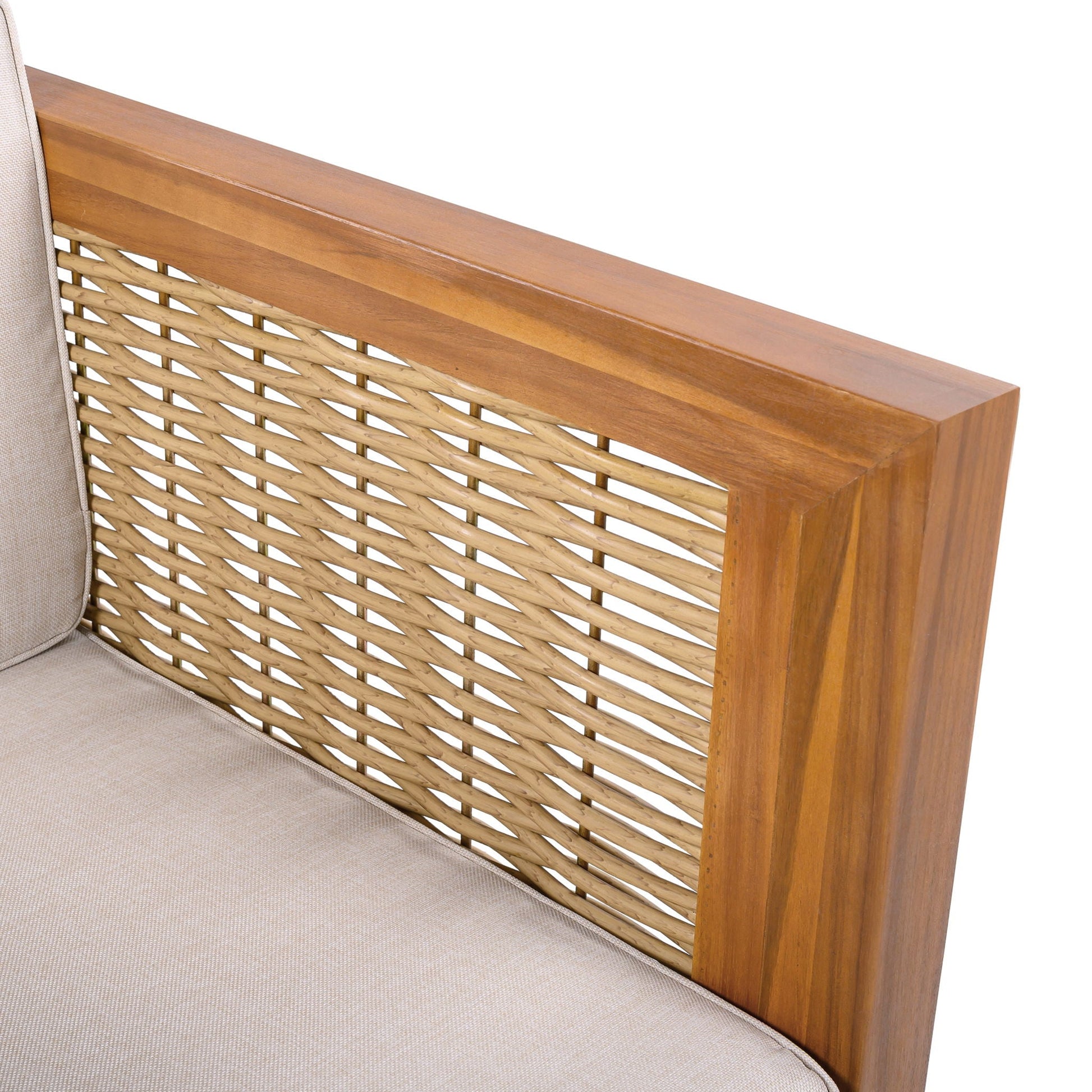 Outdoor club chair with teak frame and woven rattan sides, beige cushions by HouseOfZazla on Tampa Home & Garden Store